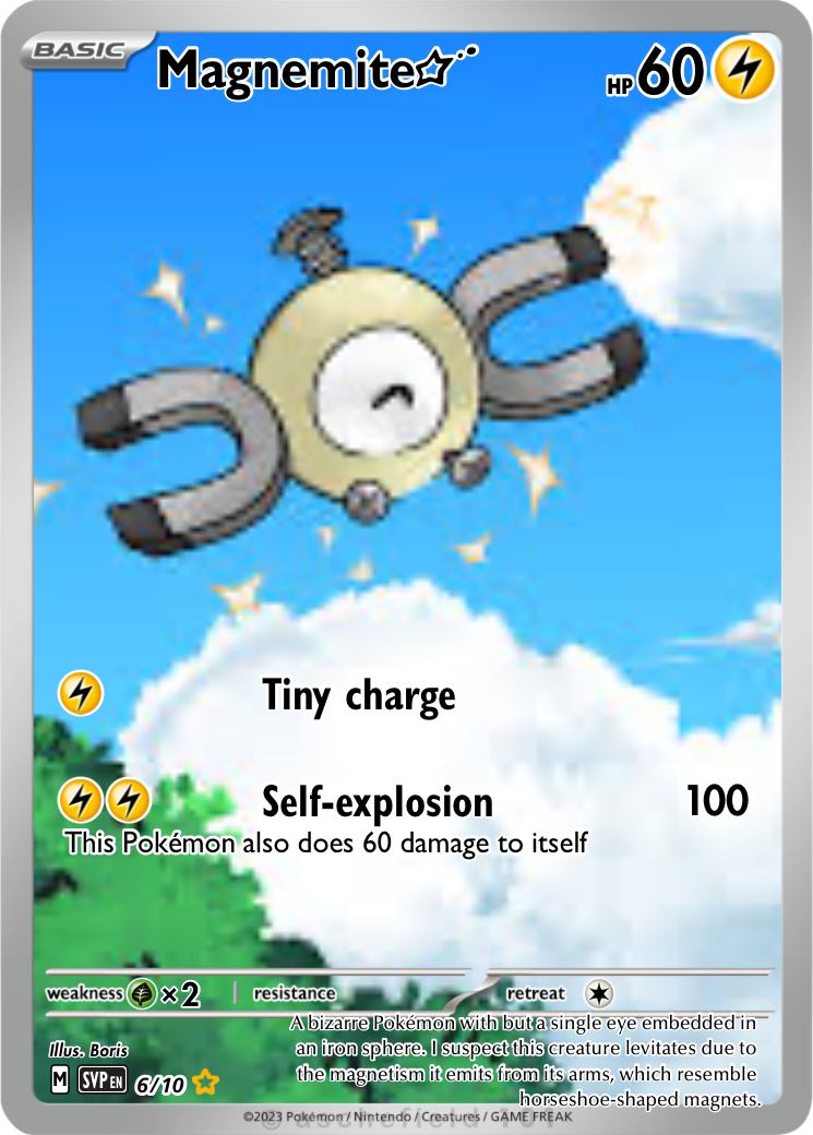 shiny magnemite pokemon card Hidden Fates Vault [Colorless] Searching Magnet Search your deck for up to 3 [Metal] Energy cards Shiny Magnemite SV27/SV94 (hidden fates)