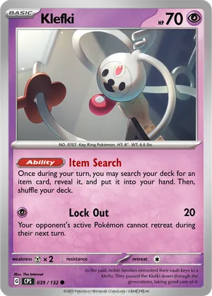 pokemon klefki card 2024 Scarlet & Violet: Paldean Fates #159/091 Shiny Rare Price Guide Card Number / Rarity Klefki - 110/181 - Common