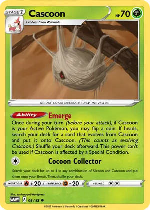 cascoon pokemon card Cards: 6/108 REVERSE HOLLOW # 5H92 Archeron Grass Colorless Cocoon Collector Search your deck for up to 4 in any combination of Silcoon and Cascoon and put them onto your Bench Pokemon 2008 Cascoon Large Bromide