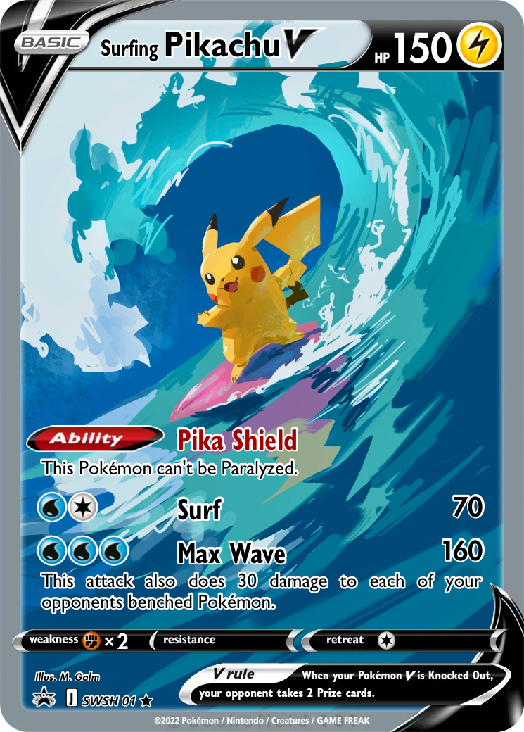 how rare is the surfing pikachu card Pokemon Celebrations VMAX, 25th Anniversary,Full Art Holo VMAX + Surprise Card! : Toys & Games Wait!? Surfing Pikachu VMAX is