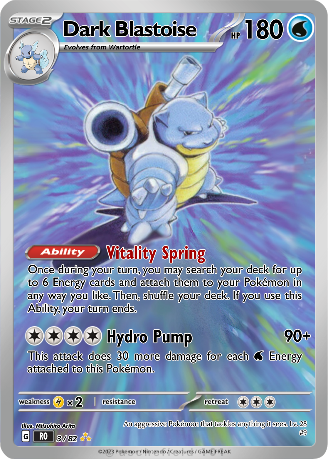 pokemon cards dark blastoise 3/82 Team Rocket Swirl Holo Rare Card Near Mint Colorless Rocket Tackle (40) Dark Blastoise does 10 damage to itself Dark Blastoise - S2/S4 (Box