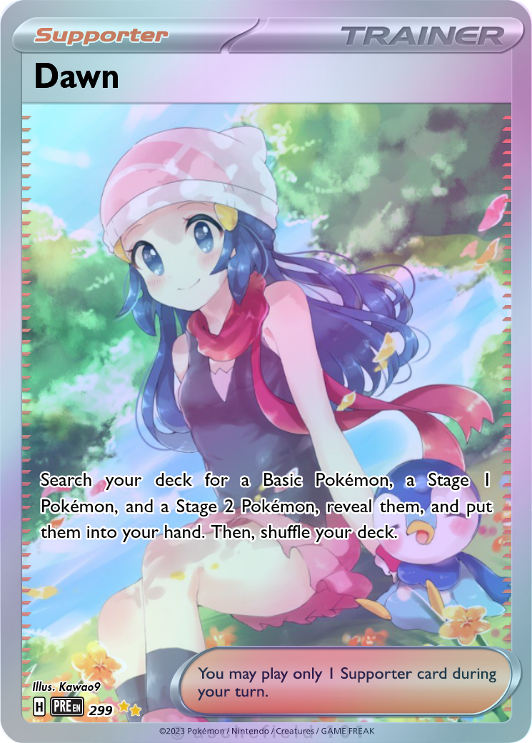 dawn pokemon trainer card Full Art Holo DIY Textured Premium Anime Collectible Description coming soon... Is the Dawn Supporter Trainer