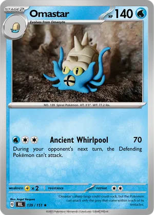 pokemon card omastar 40/62 Uncommon 1st Edition Near Mint RarityRare Hit Points150 HP Ability Primordial Tentacles As long as this Pokemon is in the Active Spot Omastar - RotomArt10