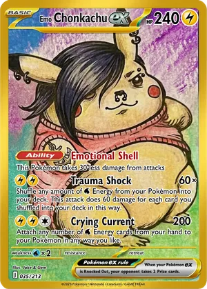 chonkachu pokemon card The infamous "Chonkachu" is finally regaining its shine from the lowly lows of price being below $100. Probably THE chase card during the 2020 hype, Vivid Voltage was very hard to get