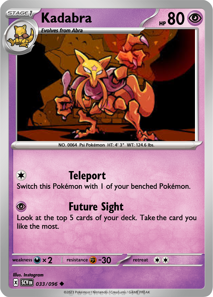 new kadabra pokemon card [P] Teleportation Attack (30) Switch this Pokemon with 1 of your Benched Pokemon Weakness / Resistance / Retreat Cost Pokemon - #064 Kadabra Fandom