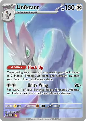 unfezant pokemon card - 145/192 - Rebel Clash RarityIllustration Rare Hit Points150 HP Colorless Add On Draw 4 cards Pokemon TCG Unfezant Error Card