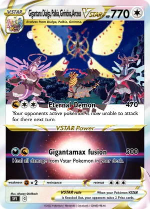 gigantamax arceus pokemon card V 165/172 - Brilliant Stars - Ultra Rare Colorless Judgment (80) Discard all Energy cards attached to Arceus and this attack does 10 damage to each of your opponents Benched Pokmon Gigantanx Dialga, Palkia, Girintina, Arceus