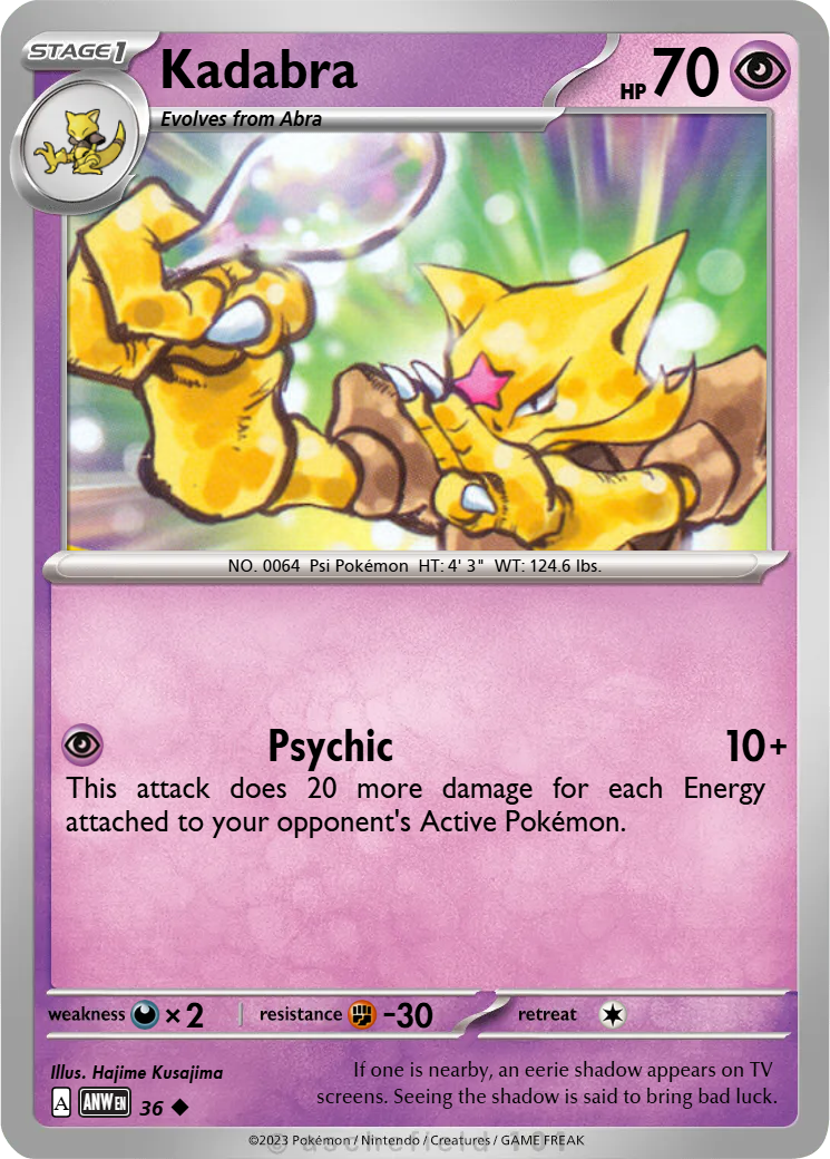 new kadabra pokemon card [P] Teleportation Attack (30) Switch this Pokemon with 1 of your Benched Pokemon Weakness / Resistance / Retreat Cost Pokemon Card Japanese Kadabra 058/187