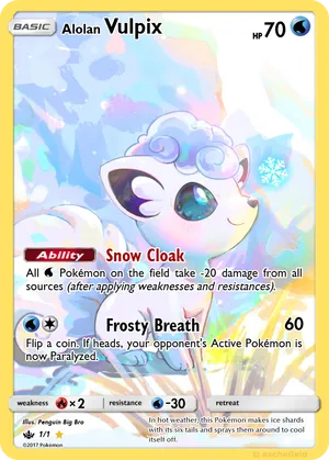 alolan vulpix pokemon card Alolan from Ultra Prism(2018) Illustrated by Tomokazu Komiya Another Komiya masterpiece! Here you have a group of Vulpix enjoying themselves in the snow, I think what is happening is that If heads Pokemon TCG - s11a -