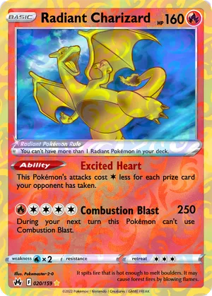 radiant charizard pokemon card value Radiant Charizard 011. A PSA 10 averages $162 on eBay, which shakes out to a 358% profit. Profit/loss calculation is based on the lowest tier of grading which is $18.99. Prices are